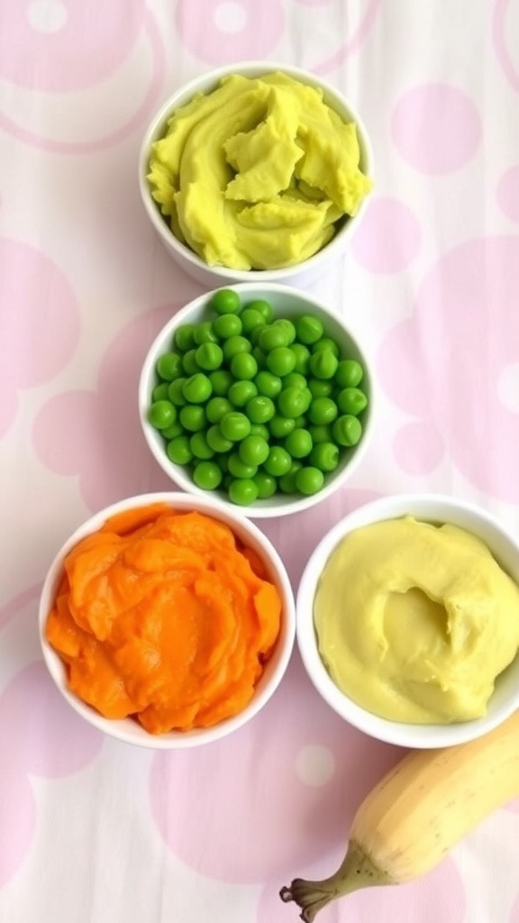 Homemade Mashed Foods for Babies Assorted homemade mashed baby foods in bowls: avocado, sweet potato, peas, banana on a pastel tablecloth.